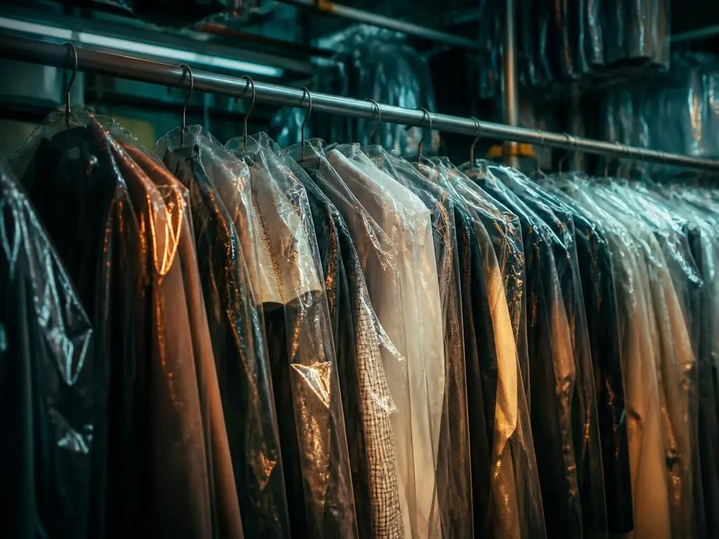 Garments in protective bags on a rail