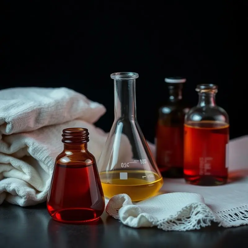 Laboratory glassware beside folded white fabric