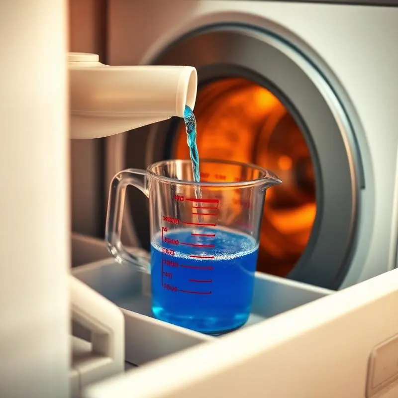 Measuring cup of liquid detergent at a washing machine drawer