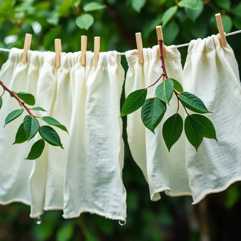 Washed cotton drying on a line beside green leaves